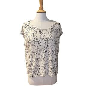 Cynthia Rowley Short Sleeve Floral Linen Blouse, White, Black, Minimalist, XL